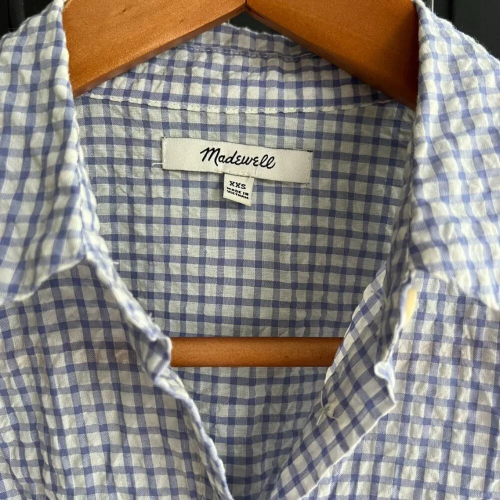 XXS - Madewell - Short Sleeve Button Down - Checkered/Plaid - White/Blue - Picture 2 of 5